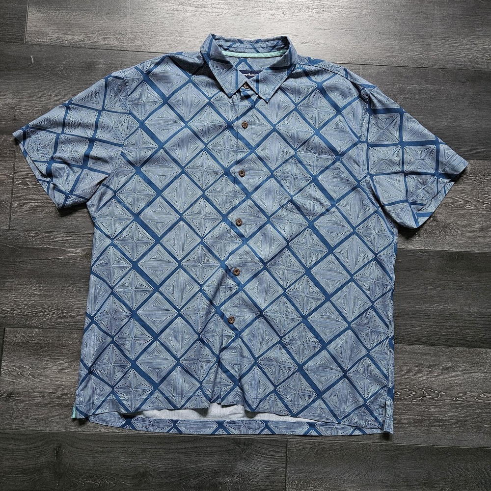 Tommy Bahama Hawaiian Silk Shirt Mens 2XL Blue Short‎ Sleeve Diamond Geometric